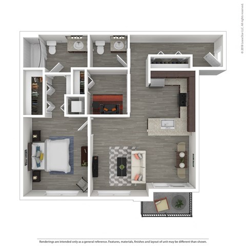 a stylized floor plan with a bedroom and living room